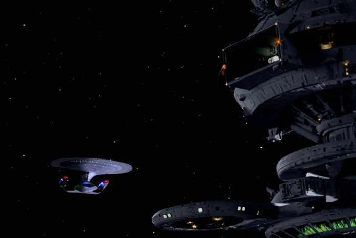 The Enterprise and Starbase 173. You may remember this starbase design from The Wrath of Khan. Courtesy of CBS / Paramount