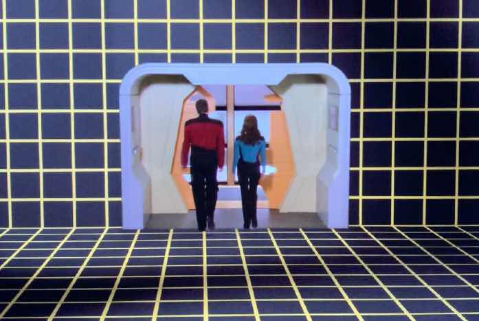 Riker and Troi "end" Enterprise, and exit the holodeck. Courtesy of CBS / Paramount