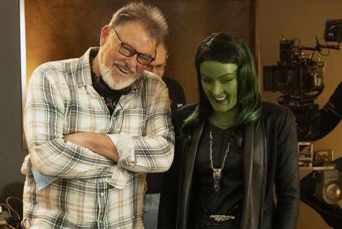 Jonathan Frakes and Kidder share a moment on set during the filming of “The Sanctuary.” Courtesy of CBS

